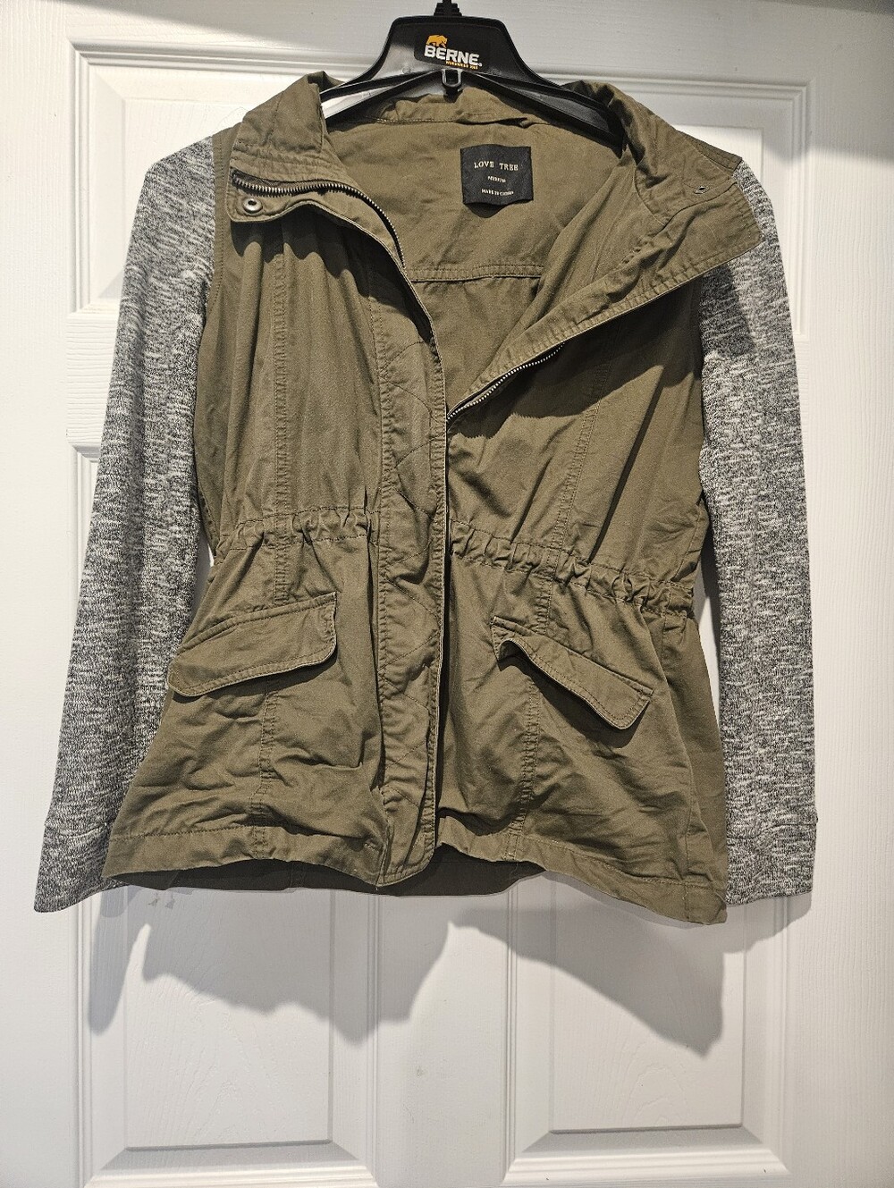 Love Tree Olive Utility Jacket with Gray Knit Sleeves